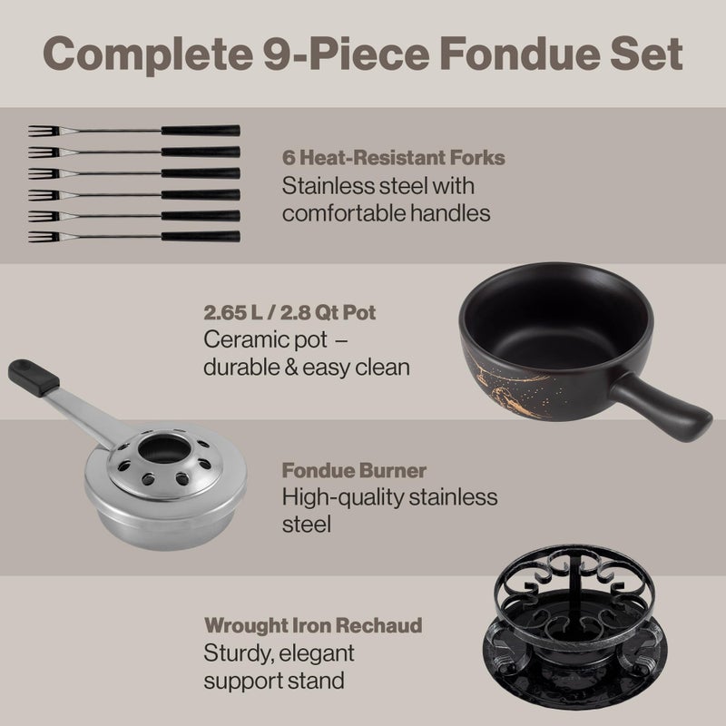 Swissmar Gruyere Cheese Fondue Set - 2.8 QT / 2.65 L - Ceramic Fondue Pot with Rechaud, Fondue Burner, 6 Forks - Ideal for Melting Cheese, Chocolate & Caramel - Black - Image 5