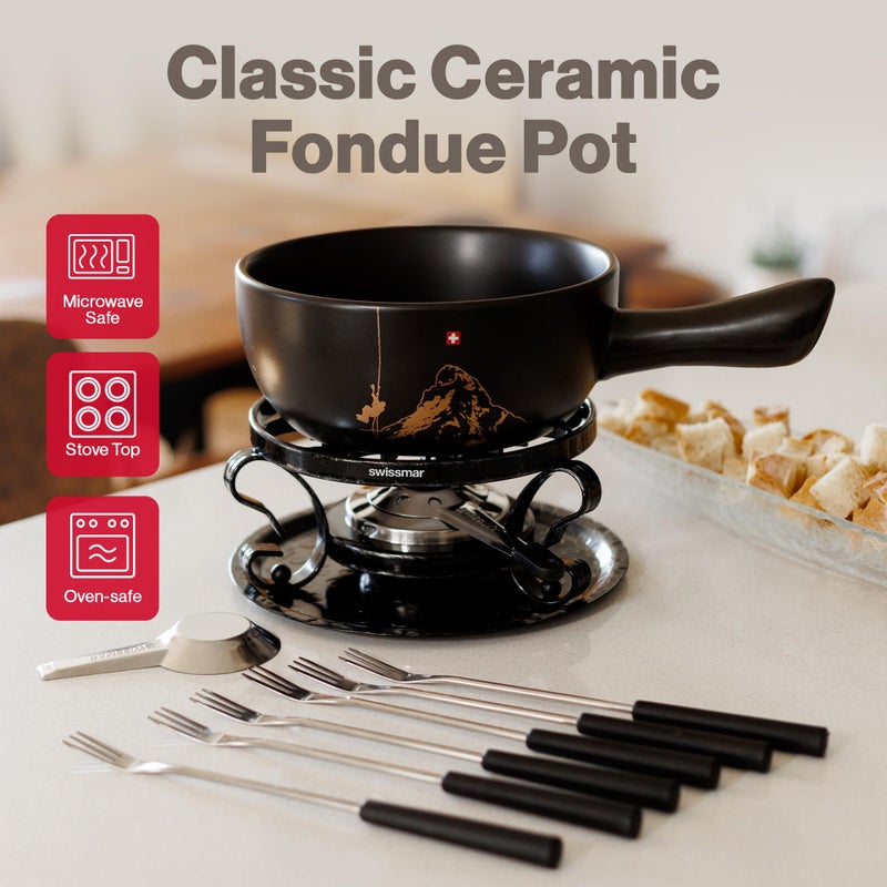Swissmar Gruyere Cheese Fondue Set - 2.8 QT / 2.65 L - Ceramic Fondue Pot with Rechaud, Fondue Burner, 6 Forks - Ideal for Melting Cheese, Chocolate & Caramel - Black - Image 2