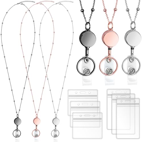 koorito 3 Pack Retractable Badge Reel Lanyard with 6 Pcs Waterproof ID Holder Retractable Stainless Steel Badge Reel Lanyard with ID Holder for Girl Women Teacher Adults (Black, Silver, Rose Gold) - Image 1