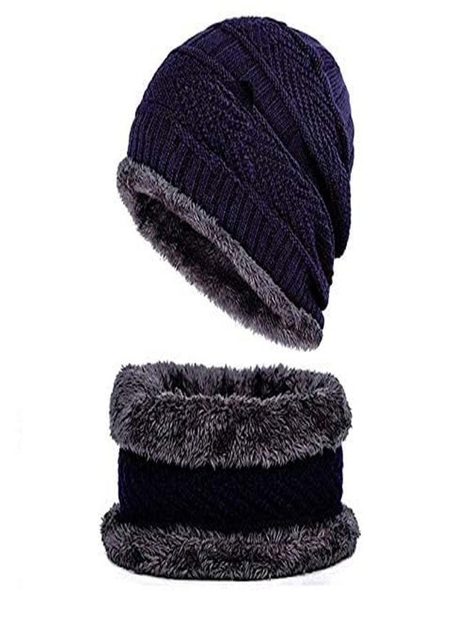 إيّو إيسيز طقم قبعة ووشاح شتوي من قطعتين من Aeoss، قبعة محبوكة دافئة، قبعة صوفية سميكة للرجال والنساء، تصميم محبوك سميك للطقس البارد (أزرق ورمادي) - Image 3