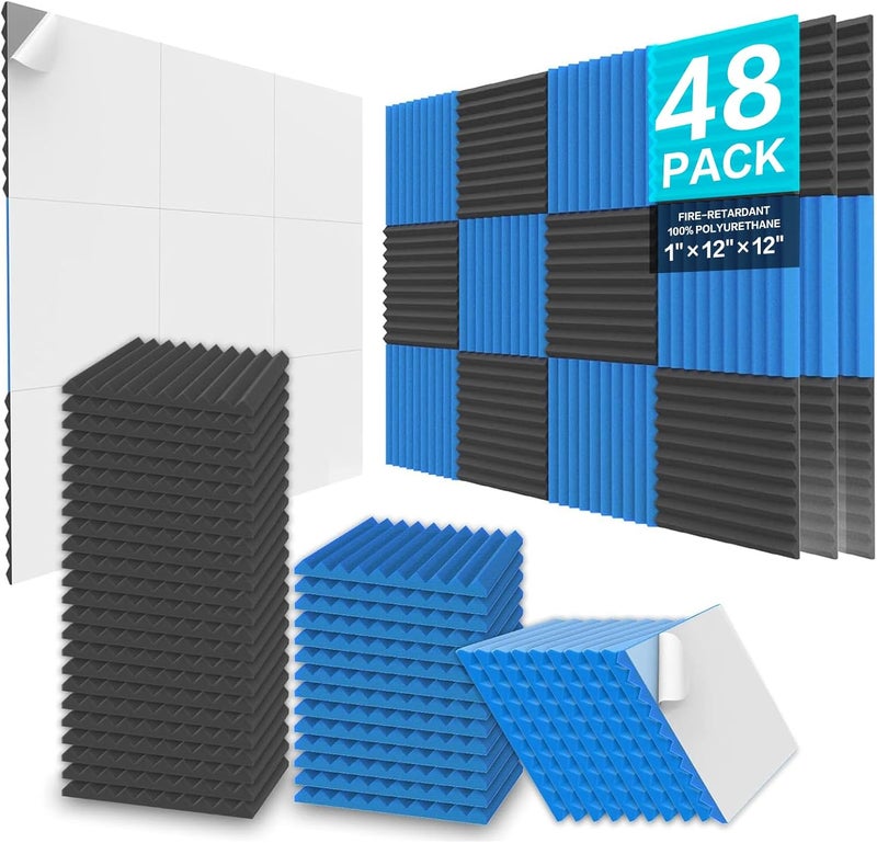 Jber 48 Pack Acoustic Foam Panels, 1" X 12" X 12" Studio Soundproofing Wedges Fire Resistant Sound Proof Padding Acoustic Treatment Foam - Black & Blue - Image 1