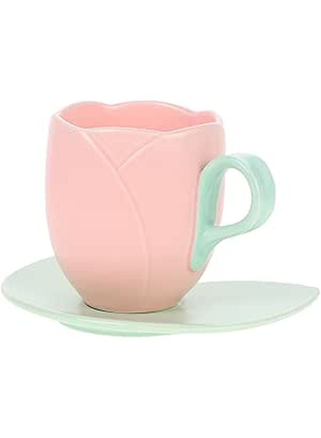 Ceramic Tulip Coffee Cup with Saucer Set Tall Pink Tea Mug for Home Office Kitchen - Image 1