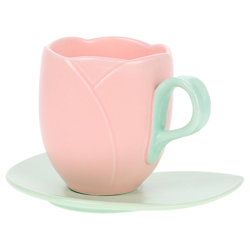 Ceramic Tulip Coffee Cup with Saucer Set Tall Pink Tea Mug for Home Office Kitchen - Image 2