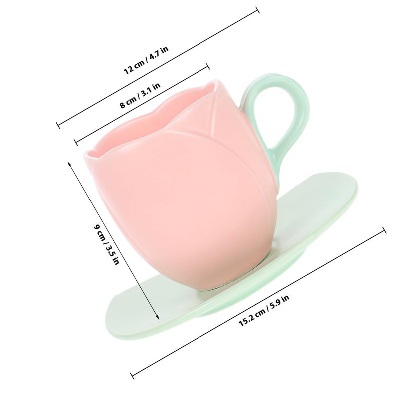 Ceramic Tulip Coffee Cup with Saucer Set Tall Pink Tea Mug for Home Office Kitchen - Image 3