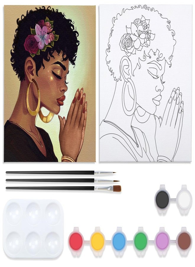 VOCHIC Canvas Painting Kit Pre Drawn Canvas for Painting for Adults Paint and Sip Party Supplies Art Set Afro Pray Woman 8x10 Inches - Image 1