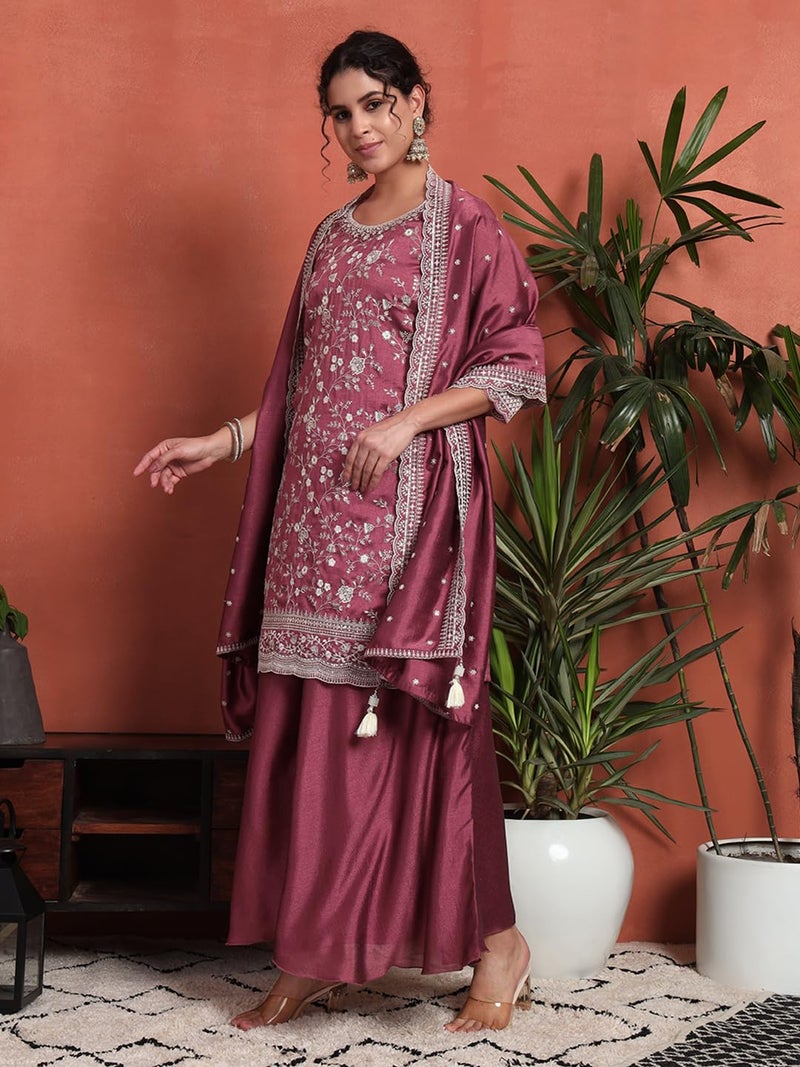 SHOPPING QUEEN Women's Silk Blend Embroidered Kurta and Palazzo Set (A588_Old Mauve_L) - Image 3