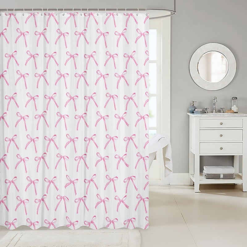 Man Fei Manfei Cartoon Bowknot Kids Shower Curtains,Pink Bow Tie Butterfly Knot Princess Bathroom Curtains for Girls Women,Watercolor Bow Patchwork Pink White Waterproof Curtains,12 Hooks Suits,72" W x 72" L - Image 2