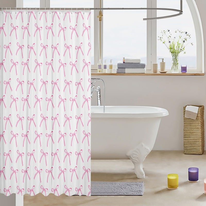 Man Fei Manfei Cartoon Bowknot Kids Shower Curtains,Pink Bow Tie Butterfly Knot Princess Bathroom Curtains for Girls Women,Watercolor Bow Patchwork Pink White Waterproof Curtains,12 Hooks Suits,72" W x 72" L - Image 3