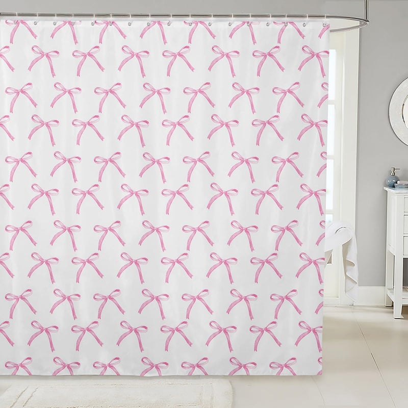 Man Fei Manfei Cartoon Bowknot Kids Shower Curtains,Pink Bow Tie Butterfly Knot Princess Bathroom Curtains for Girls Women,Watercolor Bow Patchwork Pink White Waterproof Curtains,12 Hooks Suits,72" W x 72" L - Image 1