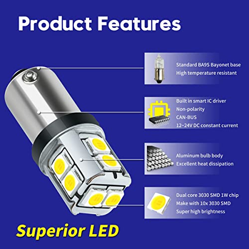 DODOFUN CANBUS BA9S White Extra Bright Car Interior Exterior Replacement Bulb Bayonet Base BA9 53 57 1445 1895 64111 Size Reading Map Dome Side Door Courtesy LED Light 12V 24V (Pack of 4) - Image 4