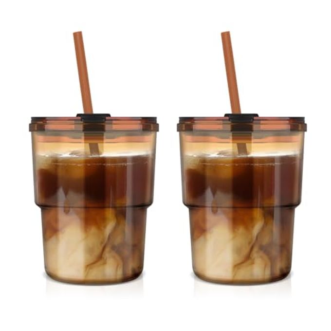 Luxfuel 13oz Tumbler Water Glass Cups with Straw and Lid, 2 Pack Reusable Glass Coffee Tumbler for Iced Tea, Coffee, Sealed Carry-On Travel Cups for Office, Party, Camping & Outdoor Use, Gift, Amber