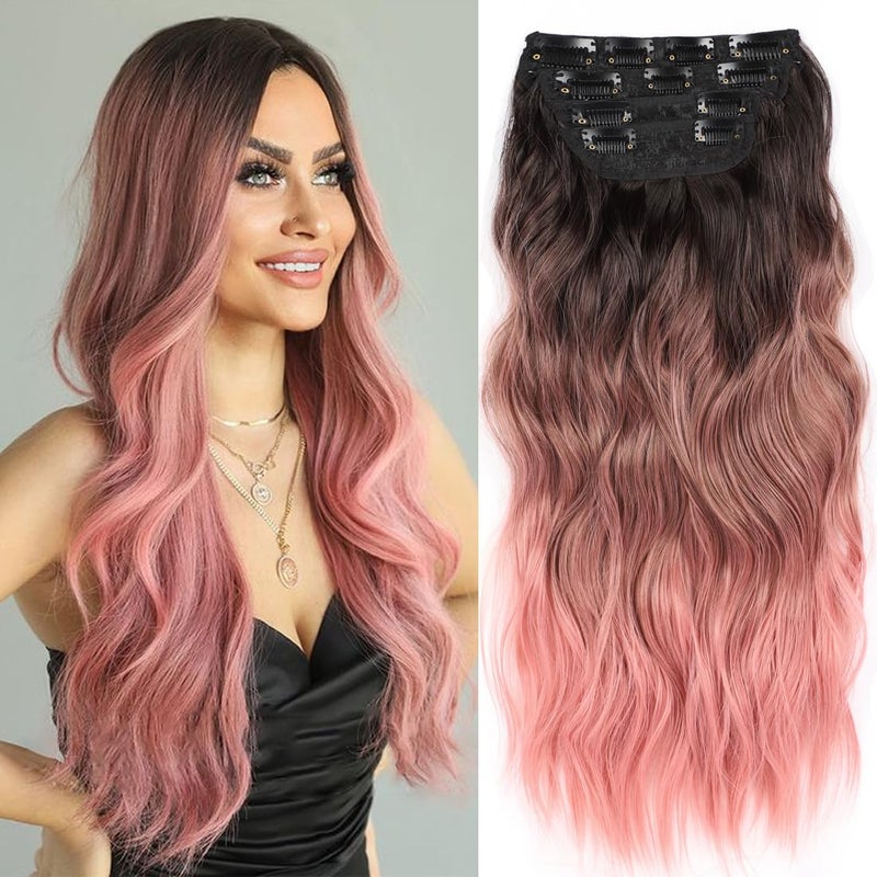 20 Inch Clip in Hair Extensions Long Wavy Synthetic Hair Extensions Thick Pink Hair Extension Clip ins Double Weft Hair Extension for Women 20INCH PINK