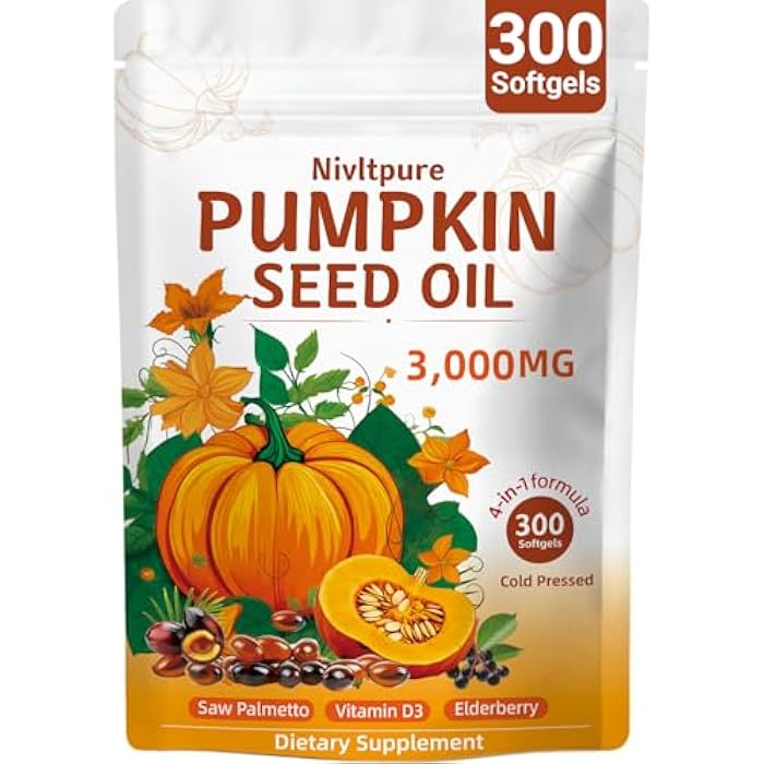 Nivltpure Pumpkin Seed Oil with Saw Palmetto, Vitamin D3 & Elderberry – 300 Softgels (3000mg) Pure Virgin Oil 4-in-1 Supplement for Hair Health, Prostate & Urinary Support – Non-GMO, Vegan - Image 1