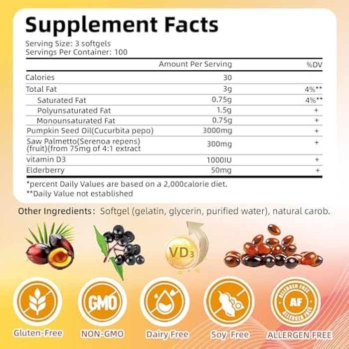 Nivltpure Pumpkin Seed Oil with Saw Palmetto, Vitamin D3 & Elderberry – 300 Softgels (3000mg) Pure Virgin Oil 4-in-1 Supplement for Hair Health, Prostate & Urinary Support – Non-GMO, Vegan - Image 2