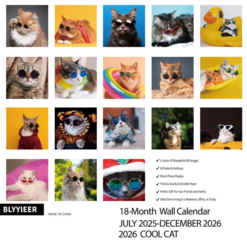 BLYYIEER 2026 Wall Calendar,Calendar 2025-2026,Cool Cat Monthly Wall Calendar, 12" x 24" Open,Family Planner Calendar, Home & Office Organizer,Hangable - Image 3
