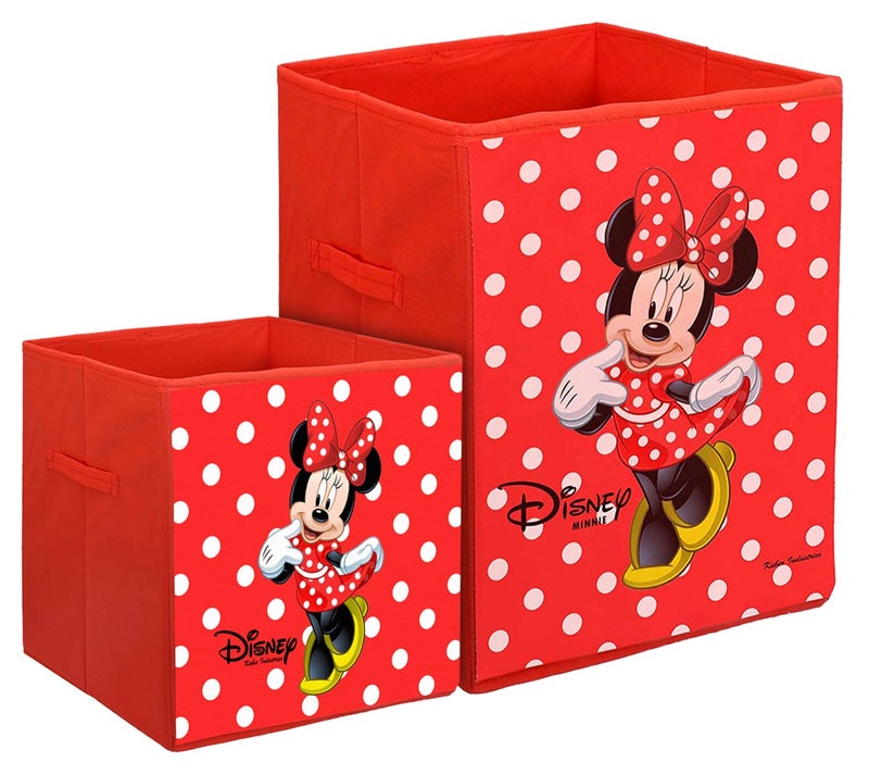 Kuber Industries Disney Minnie Print Non Woven Large Size Fabric Foldable Laundry Basket and Small Size Cube Toy, Books, Shoes Storage Box with Handle (Set of 2, Red)-KUBMART11891 - Image 1