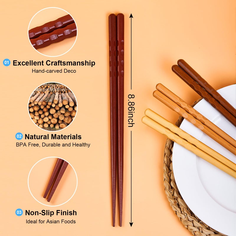 MFJUNS 5 Pairs Japanese Minimalist Reusable Chopsticks, 8.8 Inch Non-Slip Natural Wood Set - Ideal for Sushi, Noodles, Rice | Chopsticks Gift Set for Asian Cuisine Lovers - Image 2