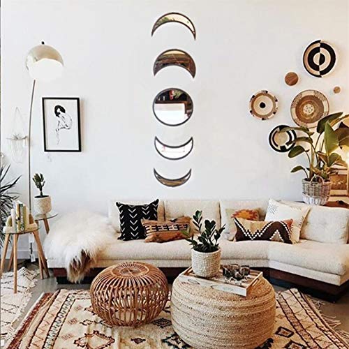 Keweis 5 Pieces Scandinavian Natural Decor Acrylic Wall Decorative Mirror Interior Design Wooden Moon Phase Mirror Bohemian Wall Decoration for Home Living Room Bedroom Decor - Acrylic,Not Real Mirror(Beige) - Image 4