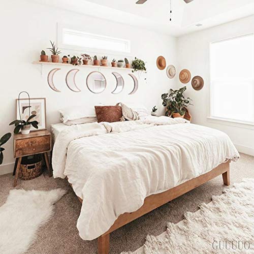 Keweis 5 Pieces Scandinavian Natural Decor Acrylic Wall Decorative Mirror Interior Design Wooden Moon Phase Mirror Bohemian Wall Decoration for Home Living Room Bedroom Decor - Acrylic,Not Real Mirror(Beige) - Image 2