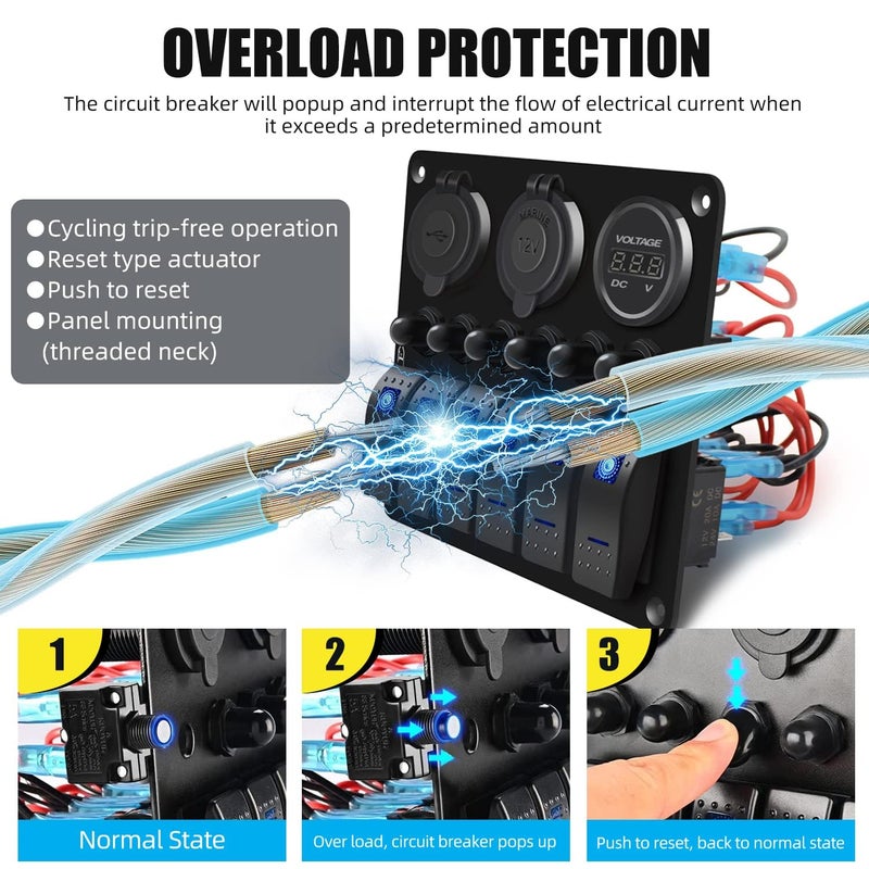 FXC Waterproof Marine Boat Blue Rocker Switch Panel 4 Gang with QC3.0 USB & Type-C Slot Socket + Cigarette Lighter +LED Voltmeter with Overload Protection Circuit Breaker for Car Rv Vehicles Truck - Image 2