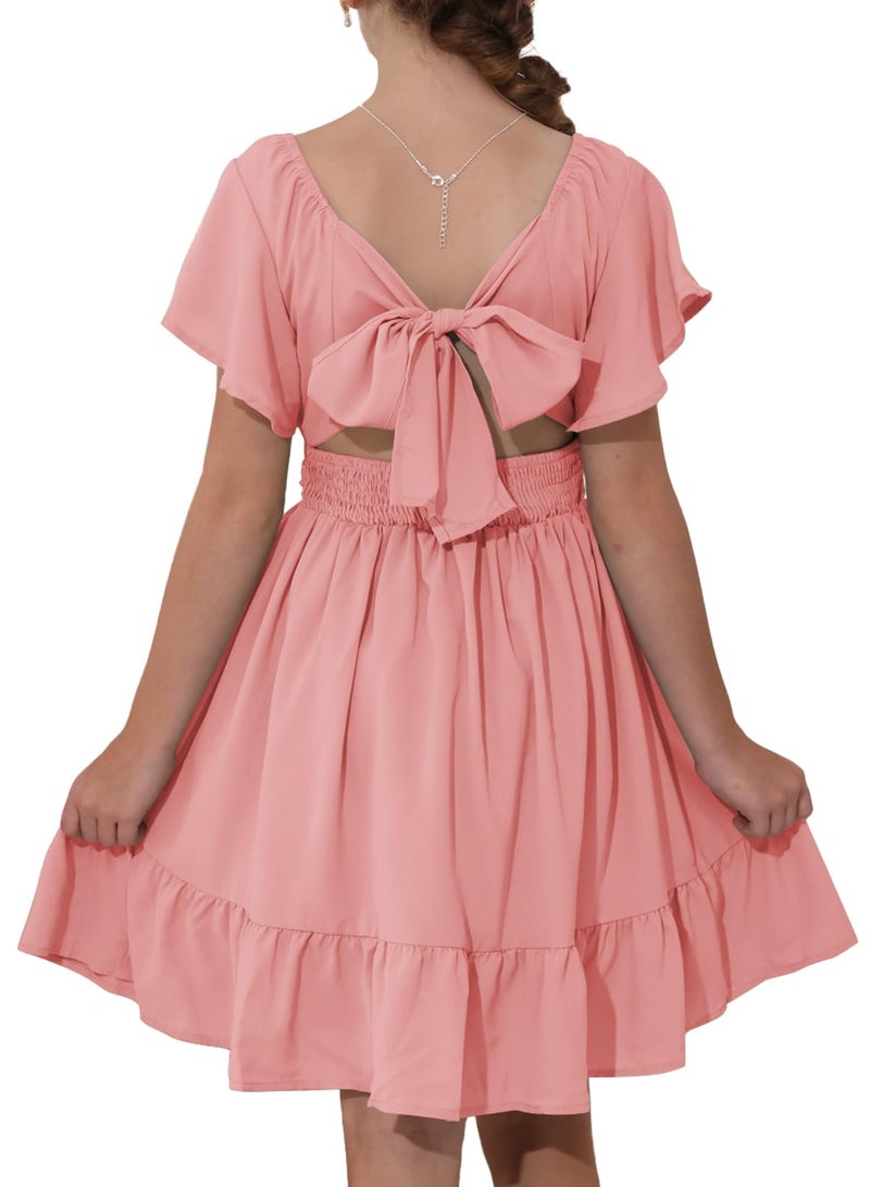 blibean Girls Summer Tie Back Dress Tween Kids Formal Boho Cold Shoulder Cute Dresses Ruffle Party Short Tulle Clothing Vestidos NiÃ±as Size 14 15 16 Years Old Pink - Image 1