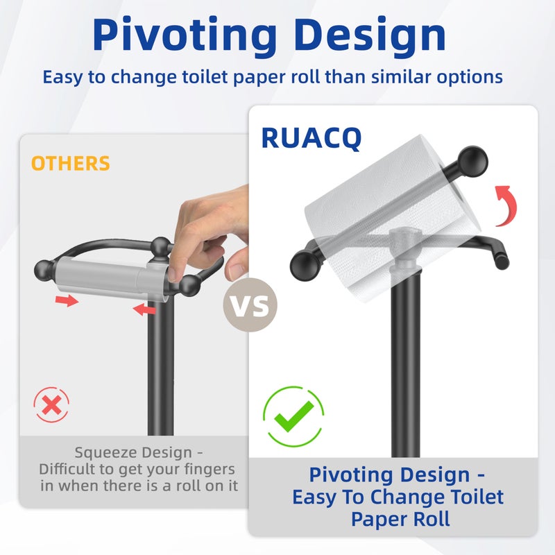 RUACQ Toilet Paper Holder Stand  Bathroom Toilet Paper Roll Holder Free Standing  Toilet Tissue Holder Stand with Post Pivoting Design  Stable Weighted Base  SUS304 Stainless Steel (Matte Black) - Image 3