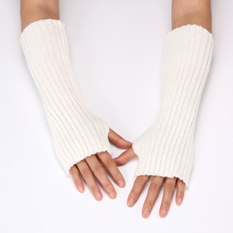 New Acrylic Arm Cover Womens Winter Lengthened Arm Half Finger Gloves Sleeves Knitted Wool Thick Warm Fake Sleeves White.