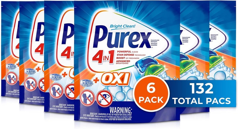 Purex 4-in-1 + OXI Laundry Detergent Pacs, Fresh Morning Burst, 22Count, Pack of 6, 132 Total Loads - Image 1