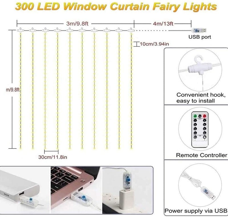 MIRADH 300 LED Fairy Curtain Lights with Remote Control Adjustable Brightness, USB Operated for Home Decoration, Diwali Decoration, Bedroom Outdoor Birthday Balloon (White) - Image 3