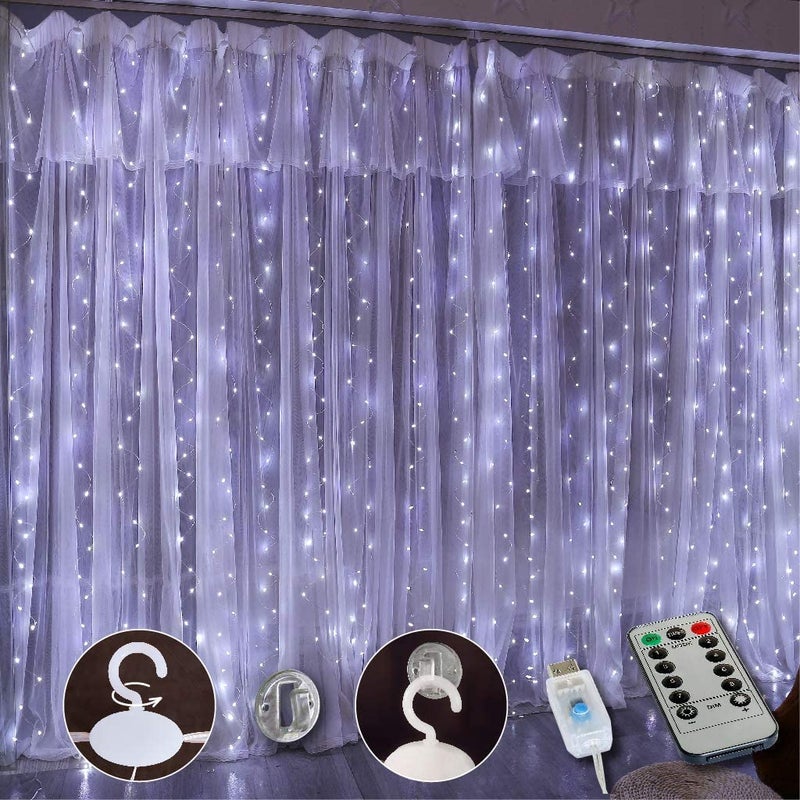 MIRADH 300 LED Fairy Curtain Lights with Remote Control Adjustable Brightness, USB Operated for Home Decoration, Diwali Decoration, Bedroom Outdoor Birthday Balloon (White) - Image 1
