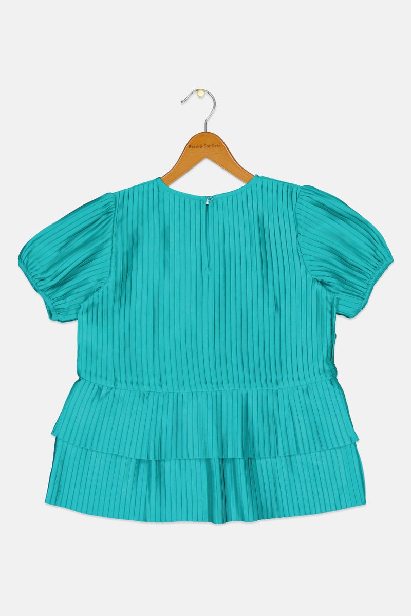 Hamleys Kids Girl Pleated Short Sleeve Top, Turquoise - Image 2