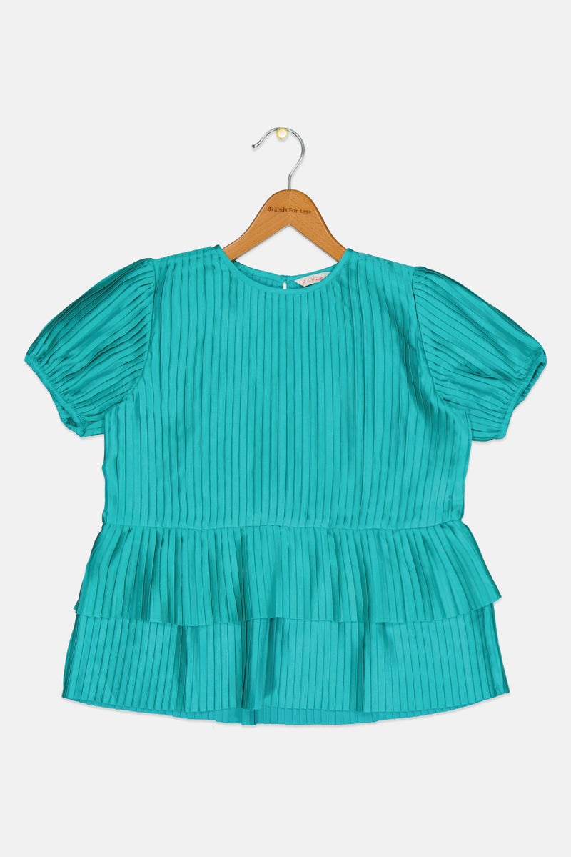 Hamleys Kids Girl Pleated Short Sleeve Top, Turquoise - Image 1
