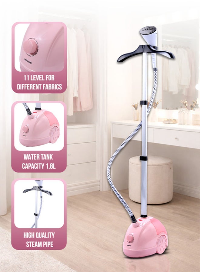 SONASHI Garment Steamer – Mechanical Control with 11 Fabric Levels | 1.8L Water Tank, Steam Flow 33–39g/min | Heat-Resistant Handle, Auto Power Off & Overheat Protection | ABS Hanger, PVC Steam Hose, Extendable Aluminium Pole | 1.8 L 2000 W SGS-321N Pink - Image 2