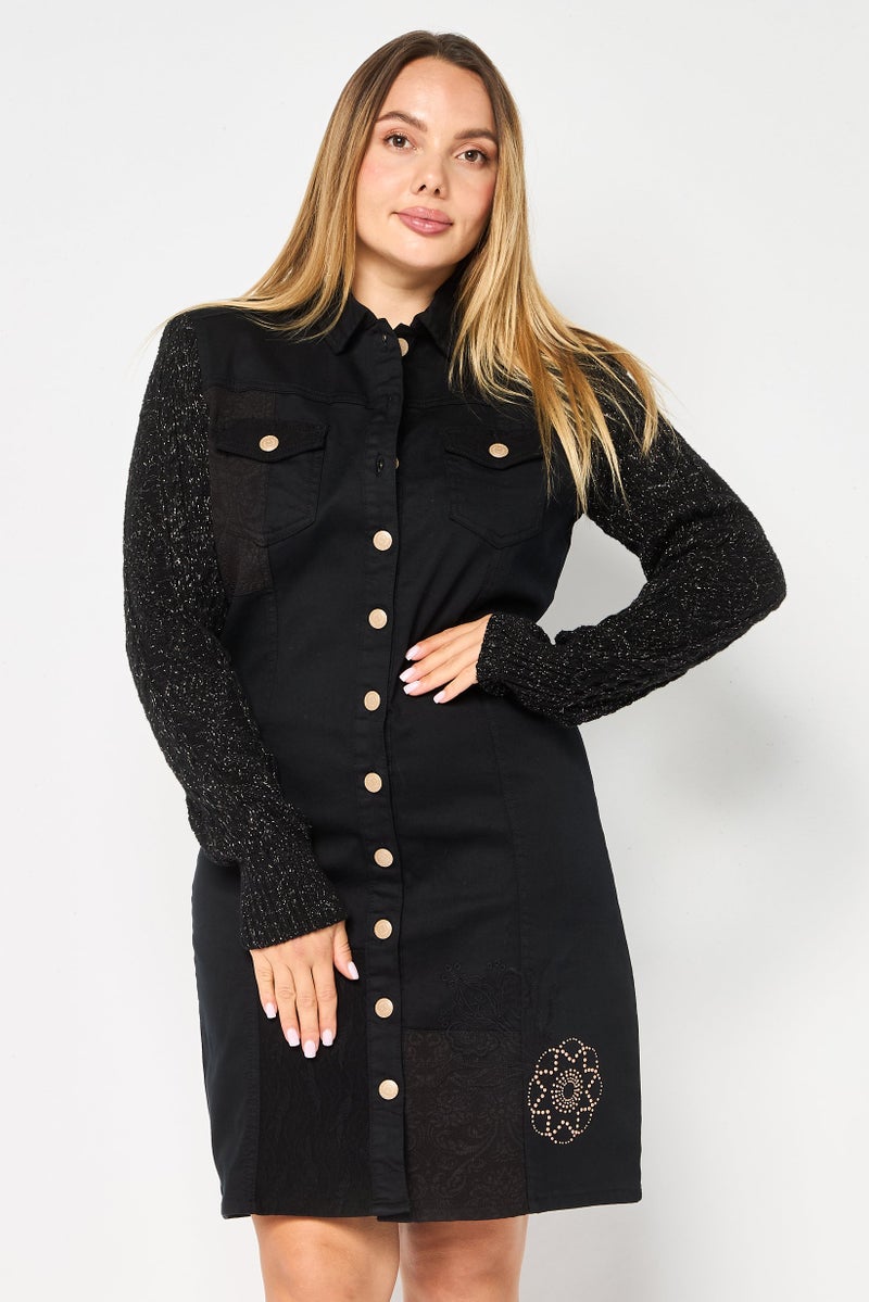 DESIGUAL Women Textured Denim Midi Dress, Black - Image 1