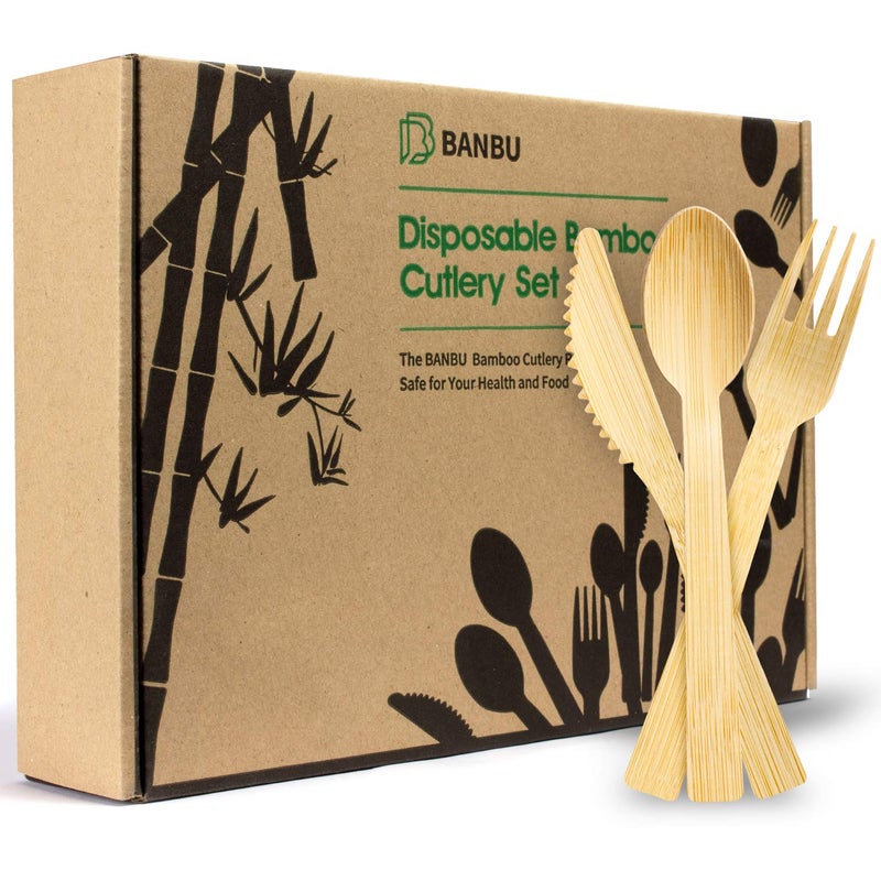 Banbu Bamboo Disposable Utensils (200PK: 80 Forks 80 Spoons 40 Knives) Compostable Eco Friendly Natural Biodegradable Bamboo Utensil/Cutlery Set Disposable Forks Knives and Spoons Set  - Image 1