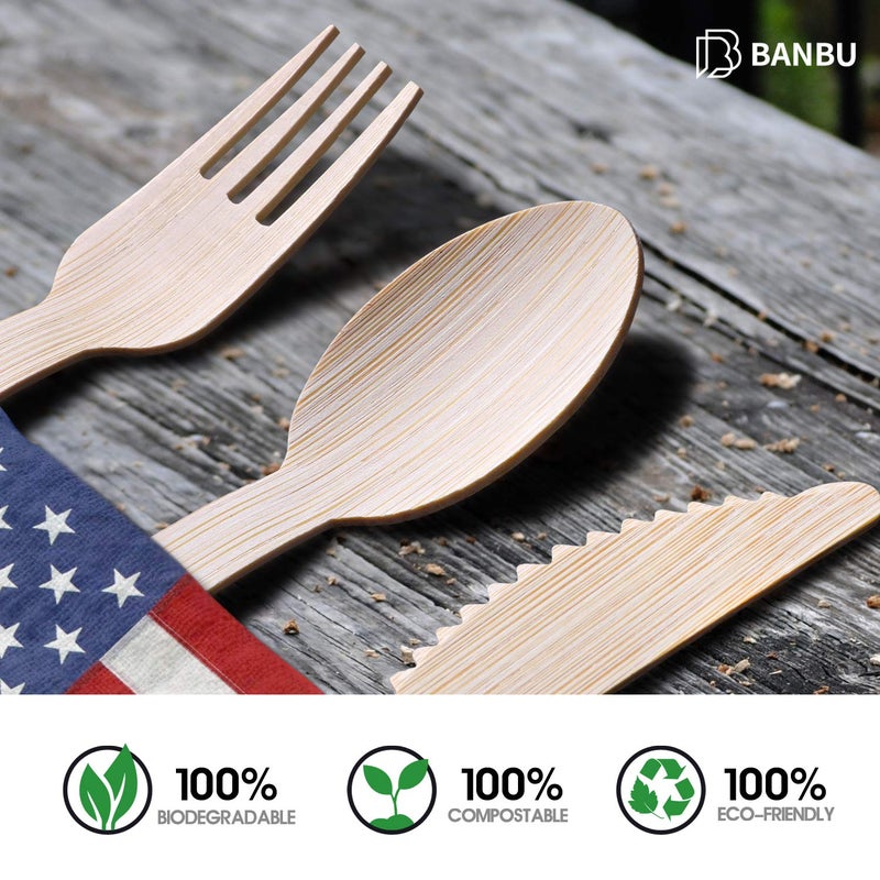 Banbu Bamboo Disposable Utensils (200PK: 80 Forks 80 Spoons 40 Knives) Compostable Eco Friendly Natural Biodegradable Bamboo Utensil/Cutlery Set Disposable Forks Knives and Spoons Set  - Image 5