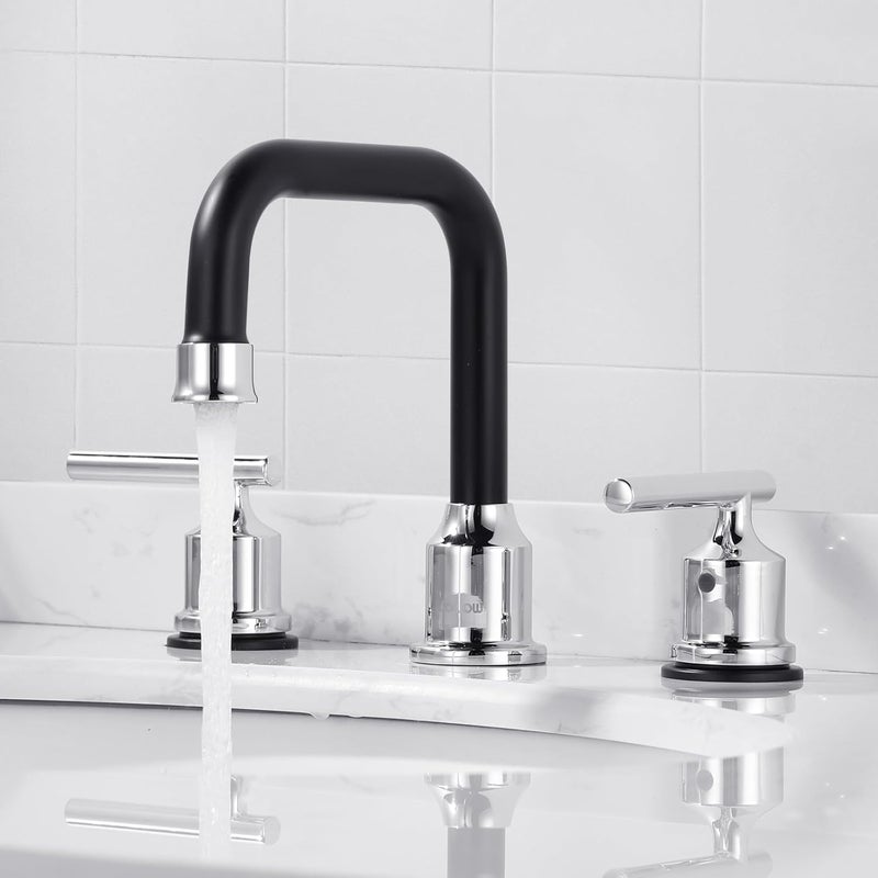 WOWOW Black and Chrome Bathroom Sink Faucet, Widespread Bathroom Faucet 3 Hole Vanity Tap 8 Inch Bathroom Tap with Pop Up Drain Assembly & cUPC Supply Lines, 2 Handle Basin Faucet Modern - Image 3