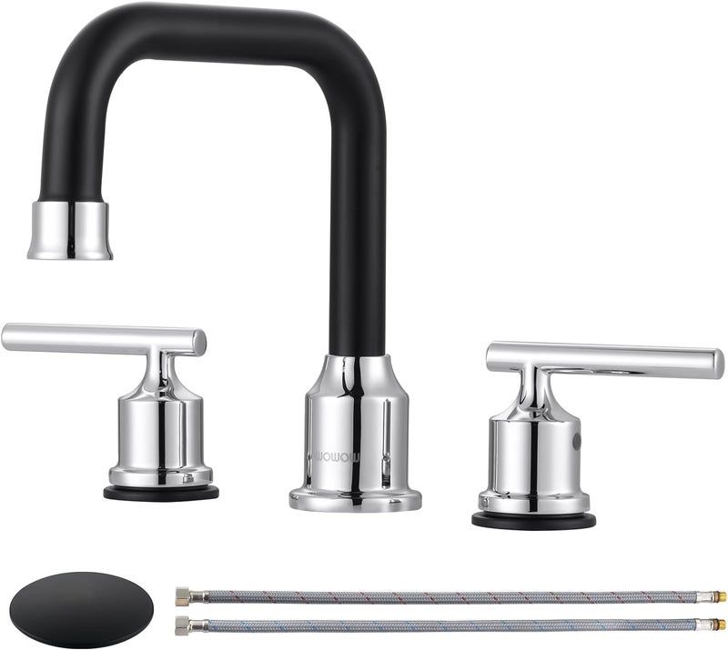 WOWOW Black and Chrome Bathroom Sink Faucet, Widespread Bathroom Faucet 3 Hole Vanity Tap 8 Inch Bathroom Tap with Pop Up Drain Assembly & cUPC Supply Lines, 2 Handle Basin Faucet Modern - Image 1