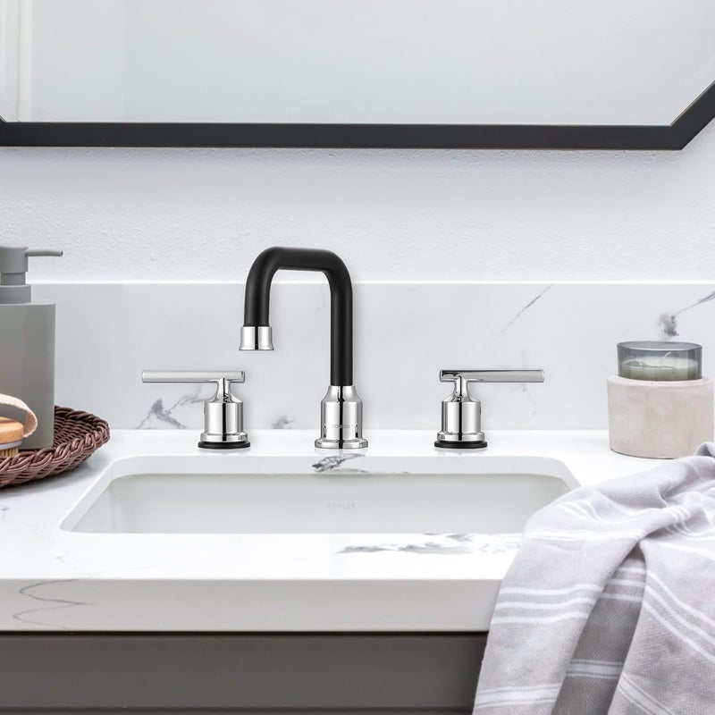 WOWOW Black and Chrome Bathroom Sink Faucet, Widespread Bathroom Faucet 3 Hole Vanity Tap 8 Inch Bathroom Tap with Pop Up Drain Assembly & cUPC Supply Lines, 2 Handle Basin Faucet Modern - Image 2