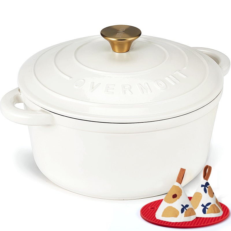 Overmont Enameled Cast Iron Dutch Oven - 5.5QT Pot with Lid Cookbook & Cotton Potholders - Heavy-Duty Cookware for Braising, Stews, Roasting, Bread Baking Pearl White - Image 1