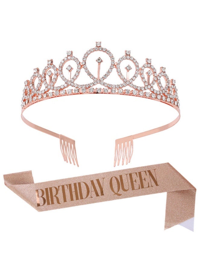 Birthday Queen Sash & Rhinestone Headband Set, Birthday Crowns for Girl, Rose Gold Glitter Birthday Sash Birthday Tiara Gifts for Girl Birthday Party Supplies  - Image 1