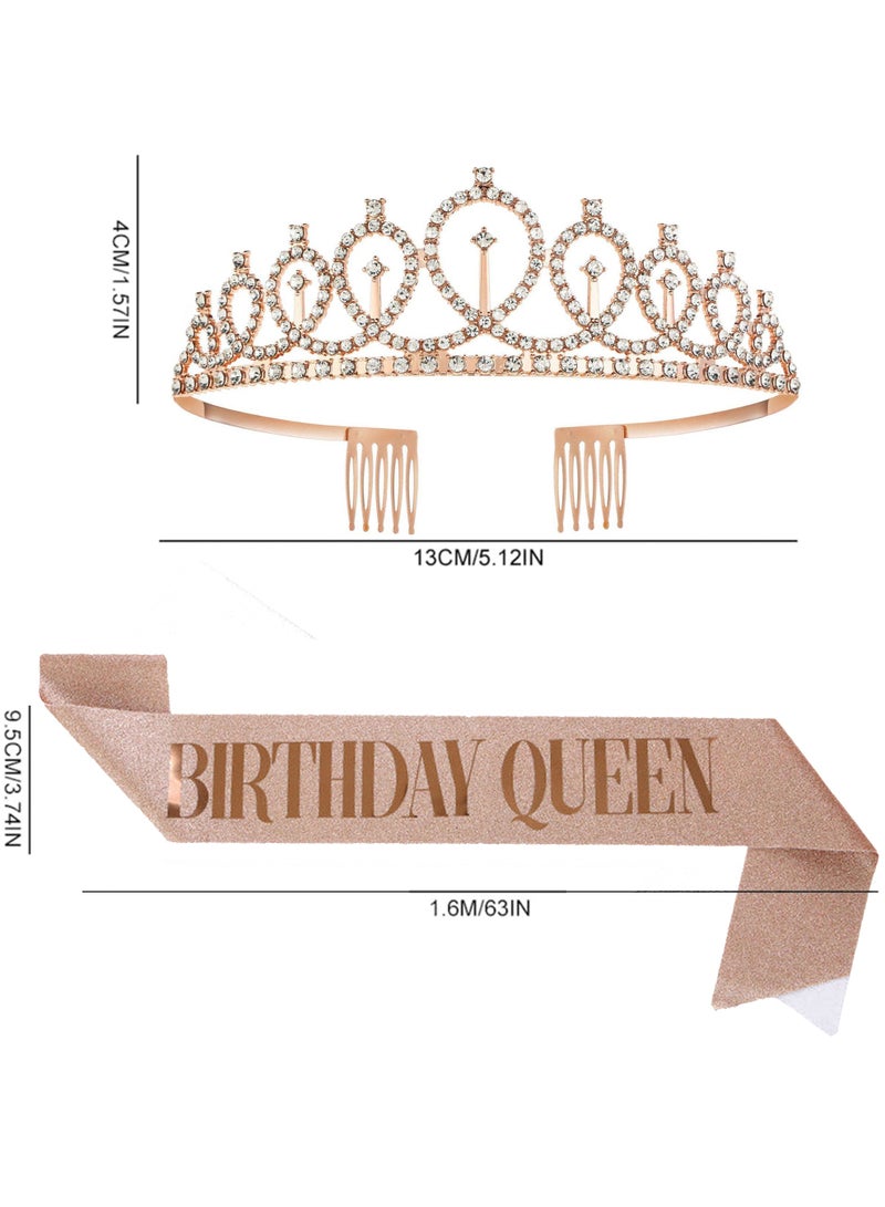 Birthday Queen Sash & Rhinestone Headband Set, Birthday Crowns for Girl, Rose Gold Glitter Birthday Sash Birthday Tiara Gifts for Girl Birthday Party Supplies  - Image 2