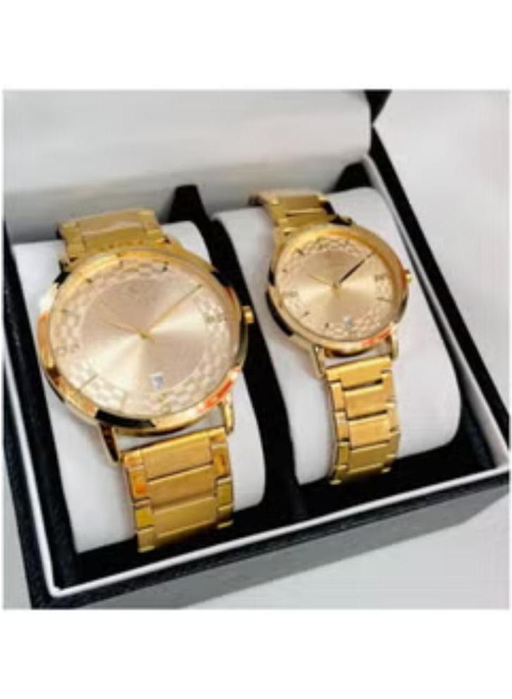 Stainless Steel Strap Quartz Couple Watch Set, Analog Display Round Dial, Waterproof ,Suitable for Men Women