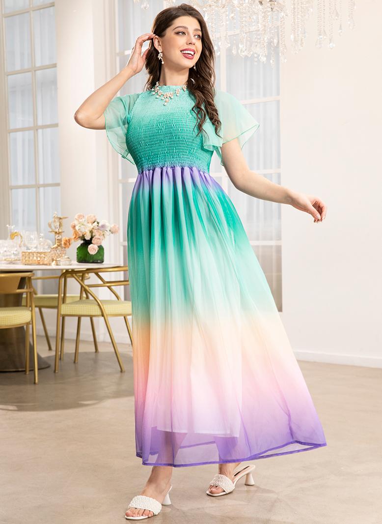 FridayIn Elegant style Round neck Gradient Color contrast Ruffle Flared sleeve Long Dresses Variant Color - Image 5