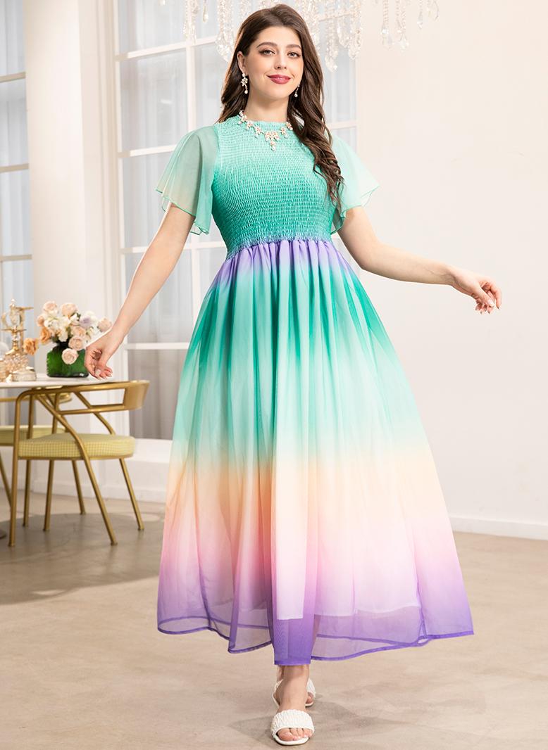 FridayIn Elegant style Round neck Gradient Color contrast Ruffle Flared sleeve Long Dresses Variant Color - Image 1