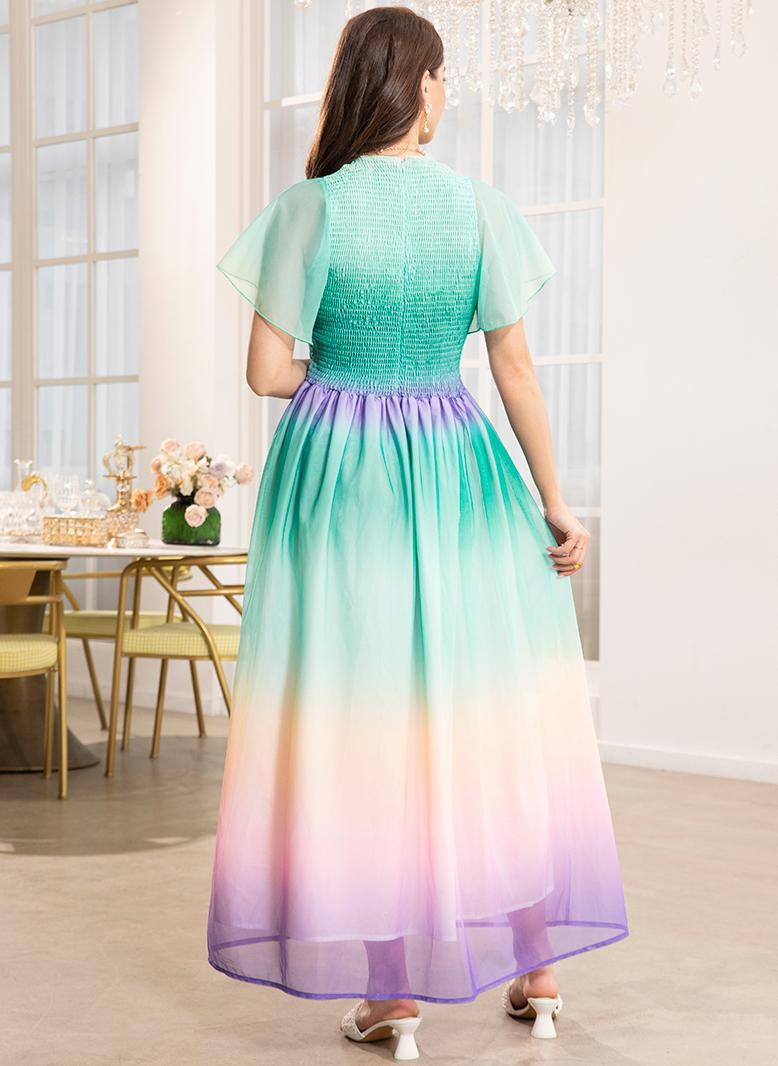 FridayIn Elegant style Round neck Gradient Color contrast Ruffle Flared sleeve Long Dresses Variant Color - Image 2