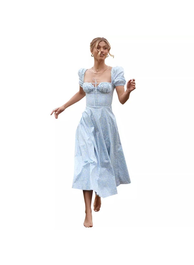 New Women's Fashion Summer Hot Style Puff Sleeve Floral Print Tie High Slit Long Dress, Women's Summer Dress - Image 4