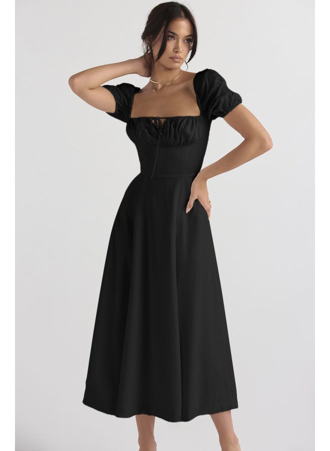 New Women's Fashion Summer Hot Style Puff Sleeve Floral Print Tie High Slit Long Dress, Women's Summer Dress - Image 1