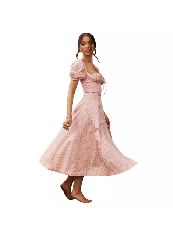 New Women's Fashion Summer Hot Style Puff Sleeve Floral Print Tie High Slit Long Dress, Women's Summer Dress - Image 3