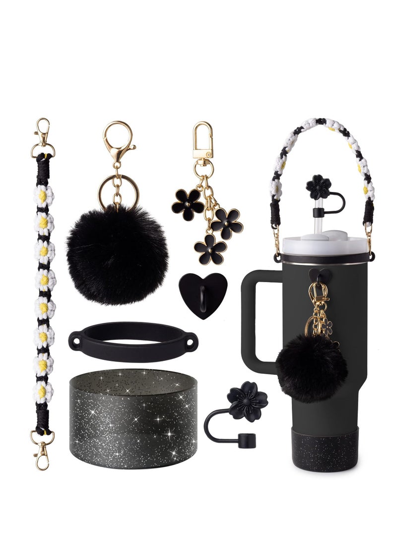 7Pcs Black Stanley Cup Accessories Set - Water Bottle Handle Strap, Silicone Flower Straw Topper Cover Cap, Silicone Stanley Boot, Pompom and Flower Charms for Stanley Cup Tumbler 30oz 40oz - Image 1